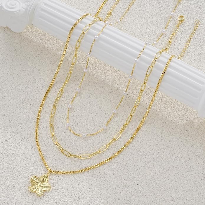 3 Layered Gold Flower Pendant Necklaces for Women Stackable Rope Snake Box Chain Choker Set Trendy Floral Charm Multi Layer Necklace for Daily Party Wear - Image 4