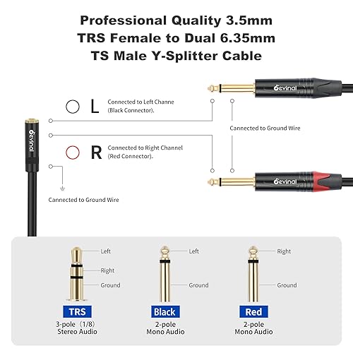 Miniatura 6 de Devinal Cable divisor de 0.138 in a doble 14 Y, adaptador TRS hembra de 18 pulgadas a macho TS dual de 0.250 in, mini jack hembra estéreo a