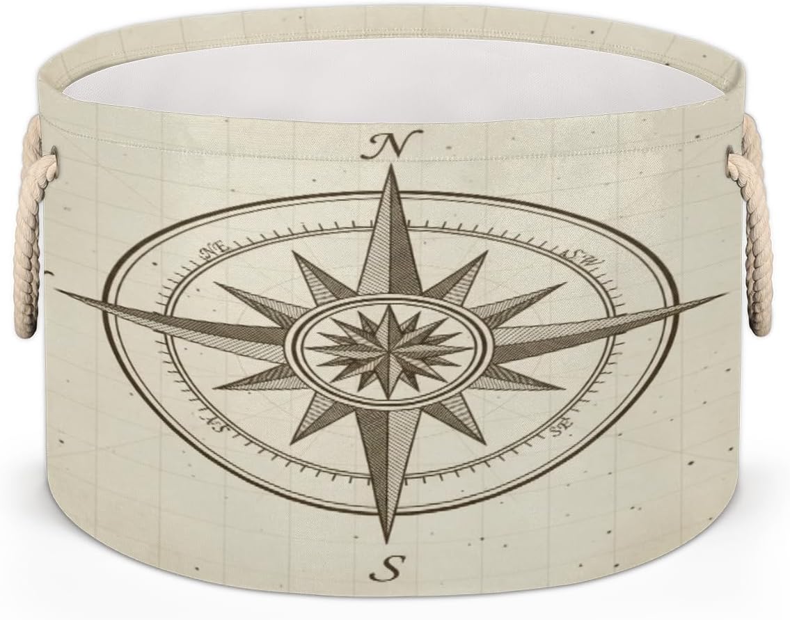 Large Storage Baskets - Vintage Nautical Compass Nursery Organizer Bin Box with Handles Collapsible Round Laundry Hamper for Kids Toys Pet Blanket, Bedroom Living Room Home Decor Gift Basket