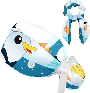 FVQL 2 Pieces Surgical Cap for Long Hair Scrub Cap with Hairband Nurse Cap, Cartoon Seagull and Beach
