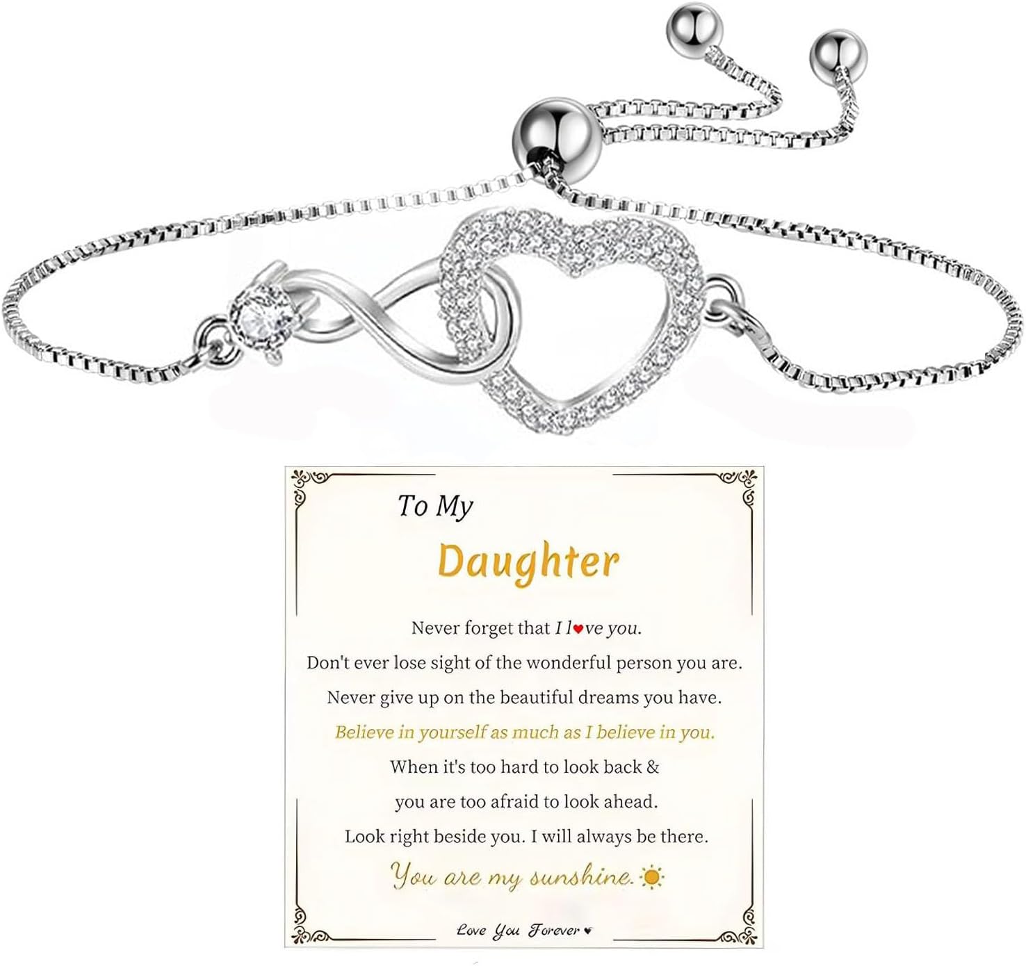 To My Daughter Forever Connected Bracelet, Mother and Daughter Infinity Love Cuff Bangle You Are Always In Mine Heart Cubic Zirconia Adjustable Inspirational Jewelry Gift from Mom