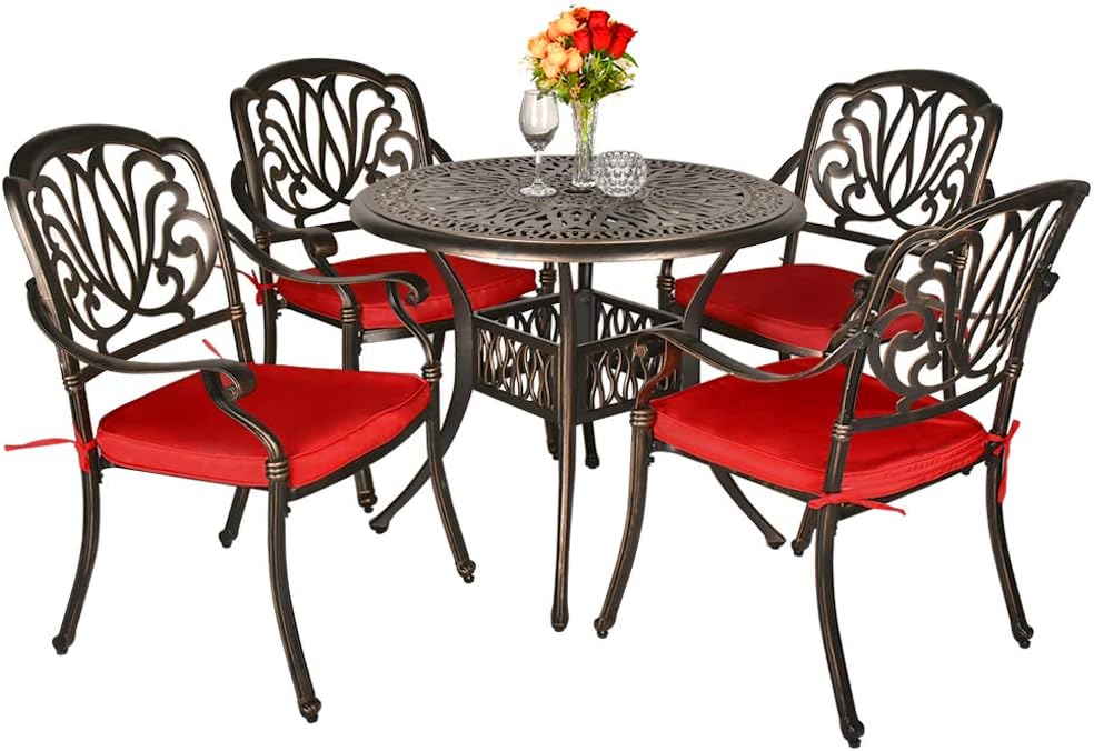TITIMO 5 Piece All-Weather Cast Aluminum Outdoor Patio Deck Dining Set w/Round Table and 4 Chairs, Red Cushions, Umbrella Hole - Deep Bronze