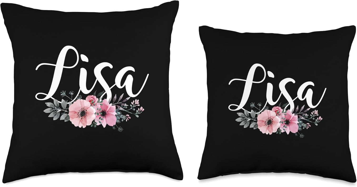 Lisa Name Personalized Floral Pink Black Women Girls Gift Throw Pillow