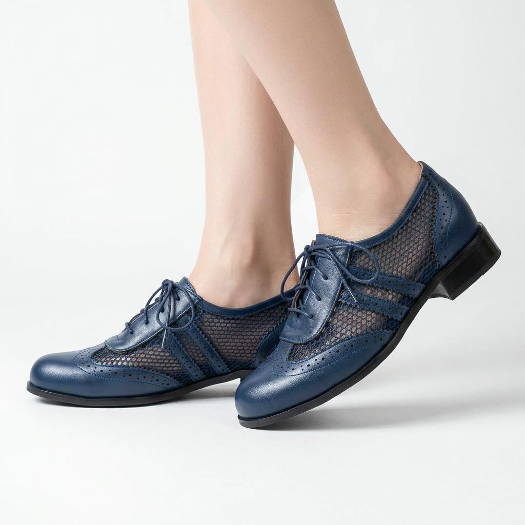Women's Vintage Saddle Shoes 50s Mesh Brogue Oxfords Low Heel Wingtip Shoes | Chunky Heel, Lace up,Breathable,1950s Dress Shoes, Outdoor Footwear