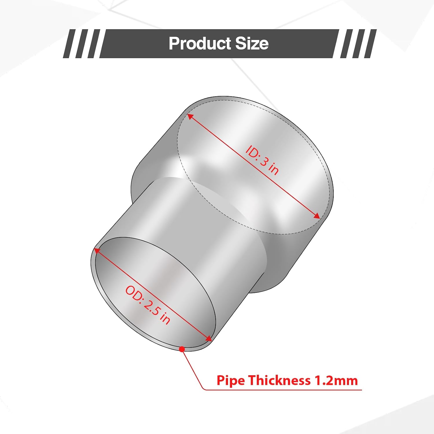 Exhaust Adapter Connector 2.5"OD to 3"ID, Total Length 4", Stainless