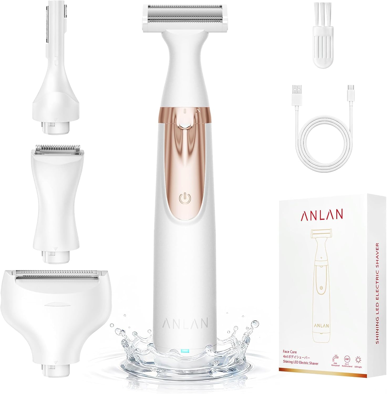 ANLAN Rasoir Electrique Femme 4 en 1, Epilateur Électrique Maillot/Visage, Tondeuse Intime Femme Sec et Humide, 4 Peines Rasoir Intime pour Bras Aisselles Jambes, éclairage LED, IPX6 Étanche