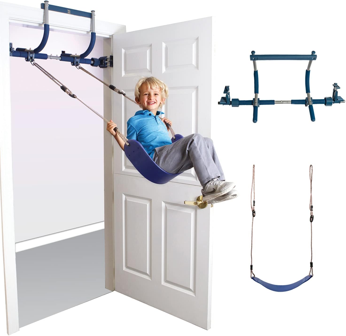 Gym 1 Deluxe Doorway Swing Set – All-in-One Indoor Gym and Playground for Kids and Adults – Two Attachments for Fun and Fitness Indoors: Pull-Up Bar and Plastic Swing – Color: Blue : Toys & Games