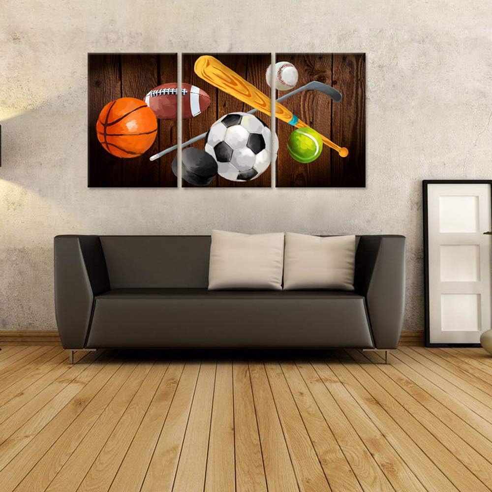 3 Pieces Vintage Sports Canvas Wall Art Basketball Football Baseball Soccer Hockey Balls Picture Prints for Living Room Bedroom Office Ready To Hang 16x24inchx3pcs