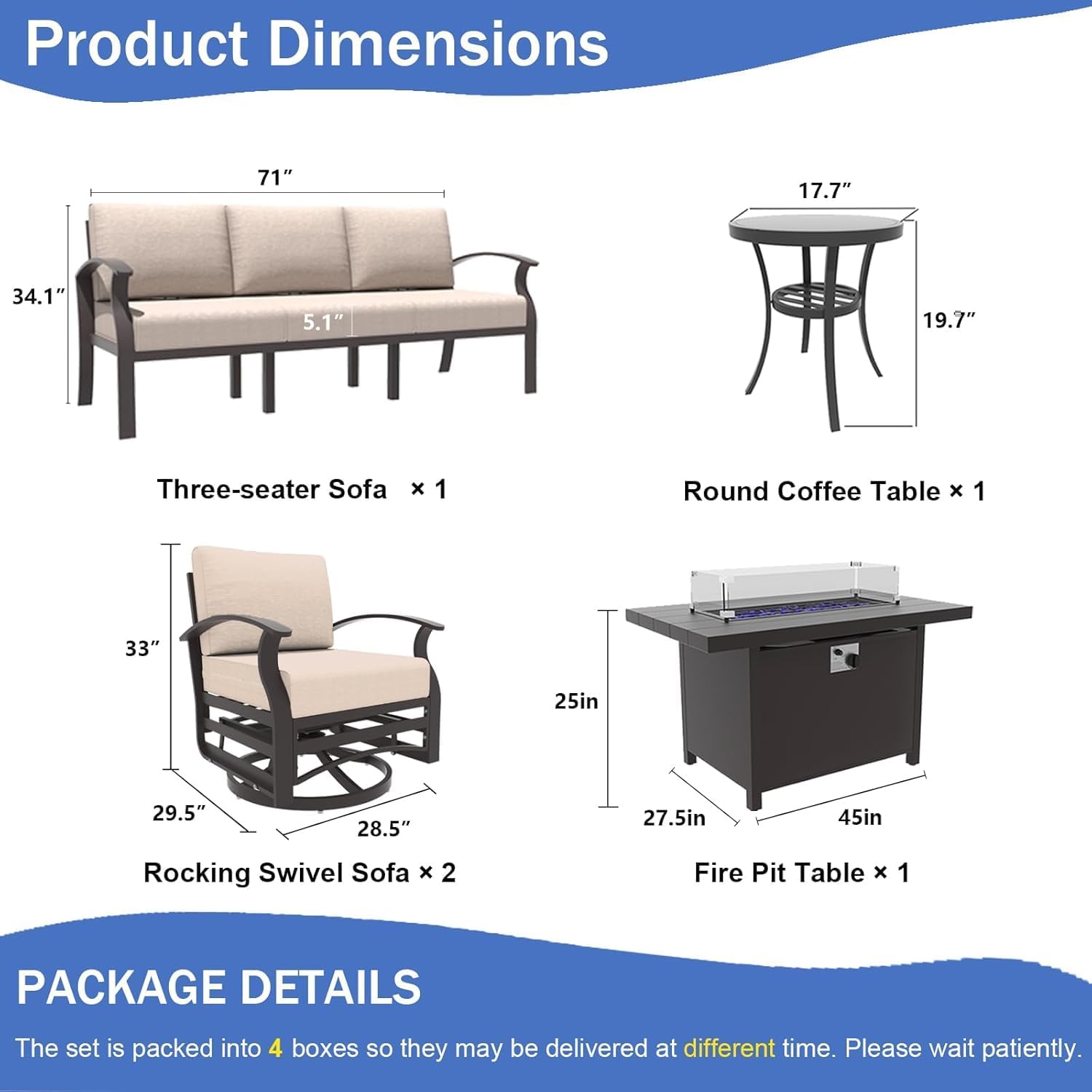 Kullavik Aluminum Patio Furniture Set with Propane Gas Fire Pit,5-seat Metal Outdoor Furniture w/Swivel Chairs,Patio Sectional Sofas w/5.1" Cushions for Patio,Backyard,Poolside-Sand