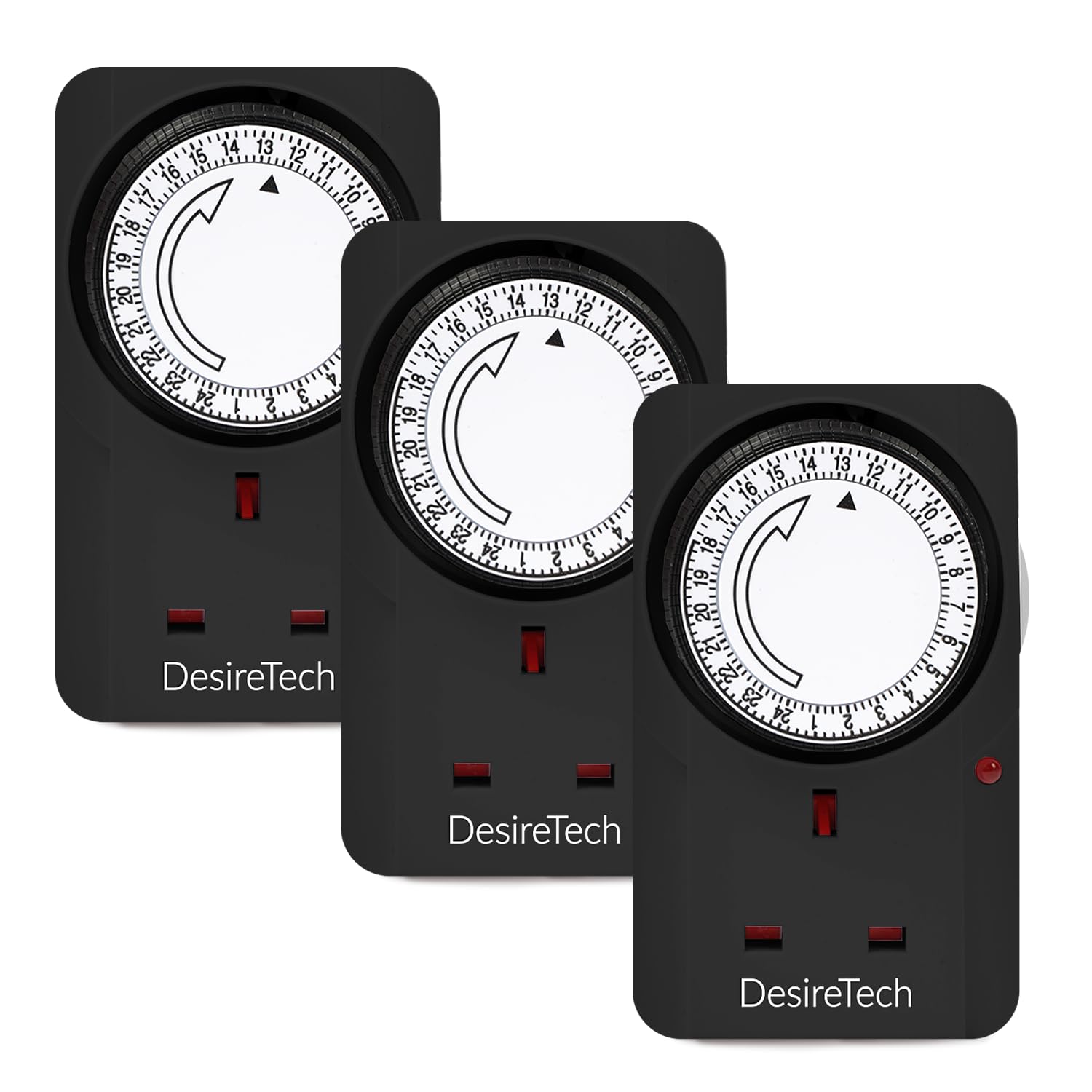Desiretech Plug-in Timer Switch, 24 Hour Segment Timer, 3 Pack - Black | Set of 3, 3120W max load, deters burglars, home security use, kitchen appliances, lamps, Christmas lights