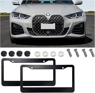 2PCS Matte Black Car License Plate Frames, Universal Stainless Steel Tag Frame Auto License Plate Cover, License Plate Holder with Screws Fasteners Caps, Car Accessories for Most Cars