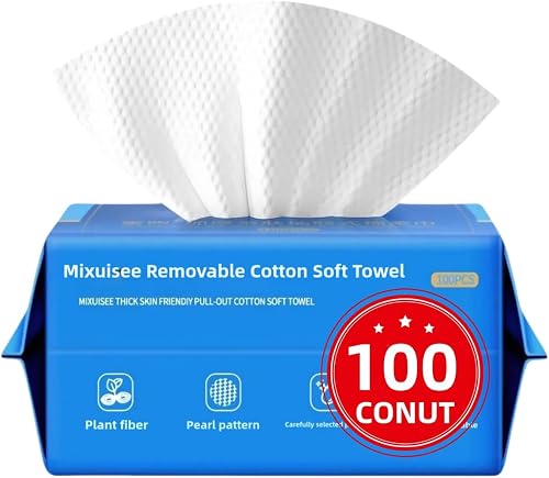 Disposable face towels, MIXUISEE thick and soft face towels. 100% pure cotton, super thick 130%. Suitable for makeup removal and cleansing, and applicable to sensitive skin. (100 pieces)