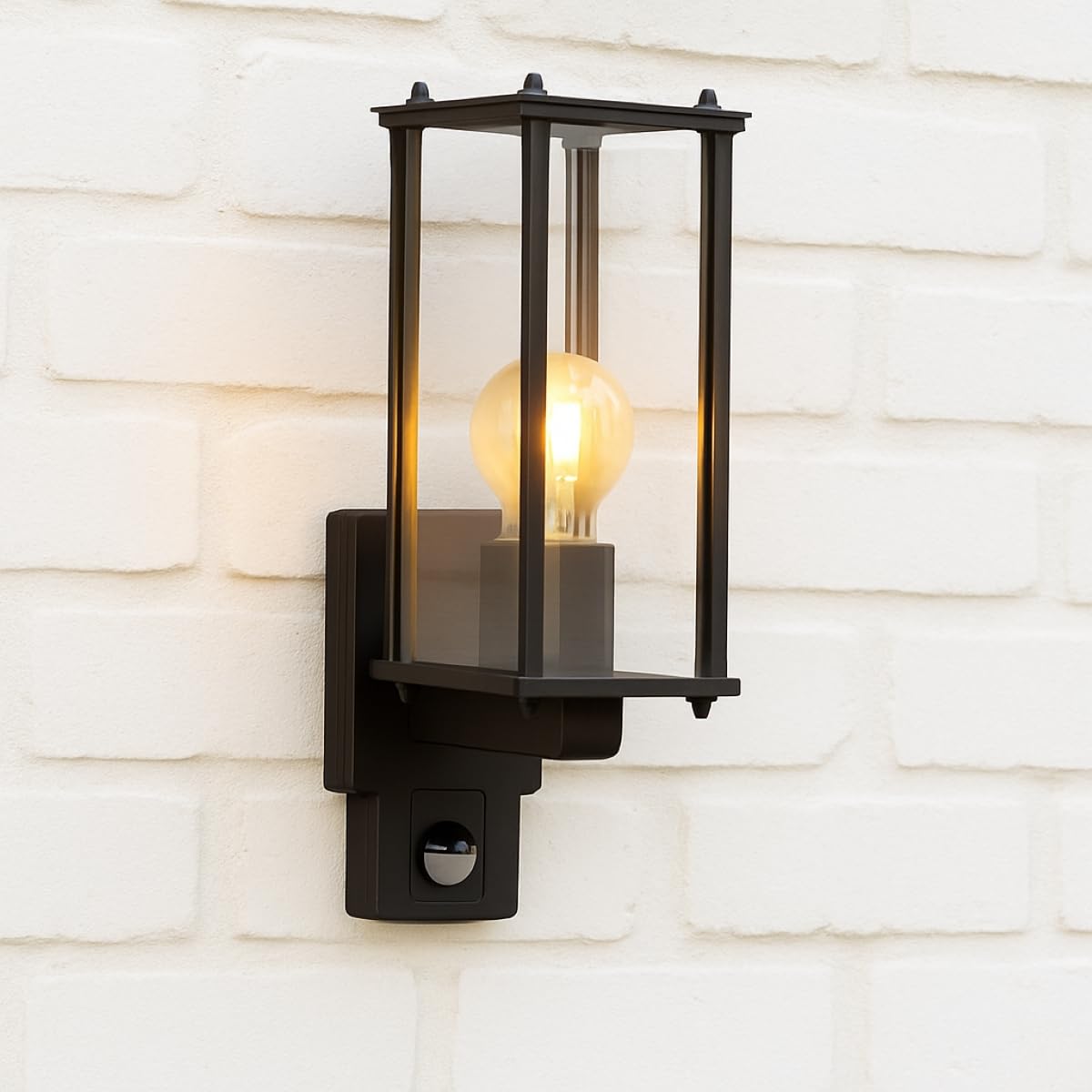 Outdoor Wall Light Lantern Beveled Glass Interior Porch (Black PIR)