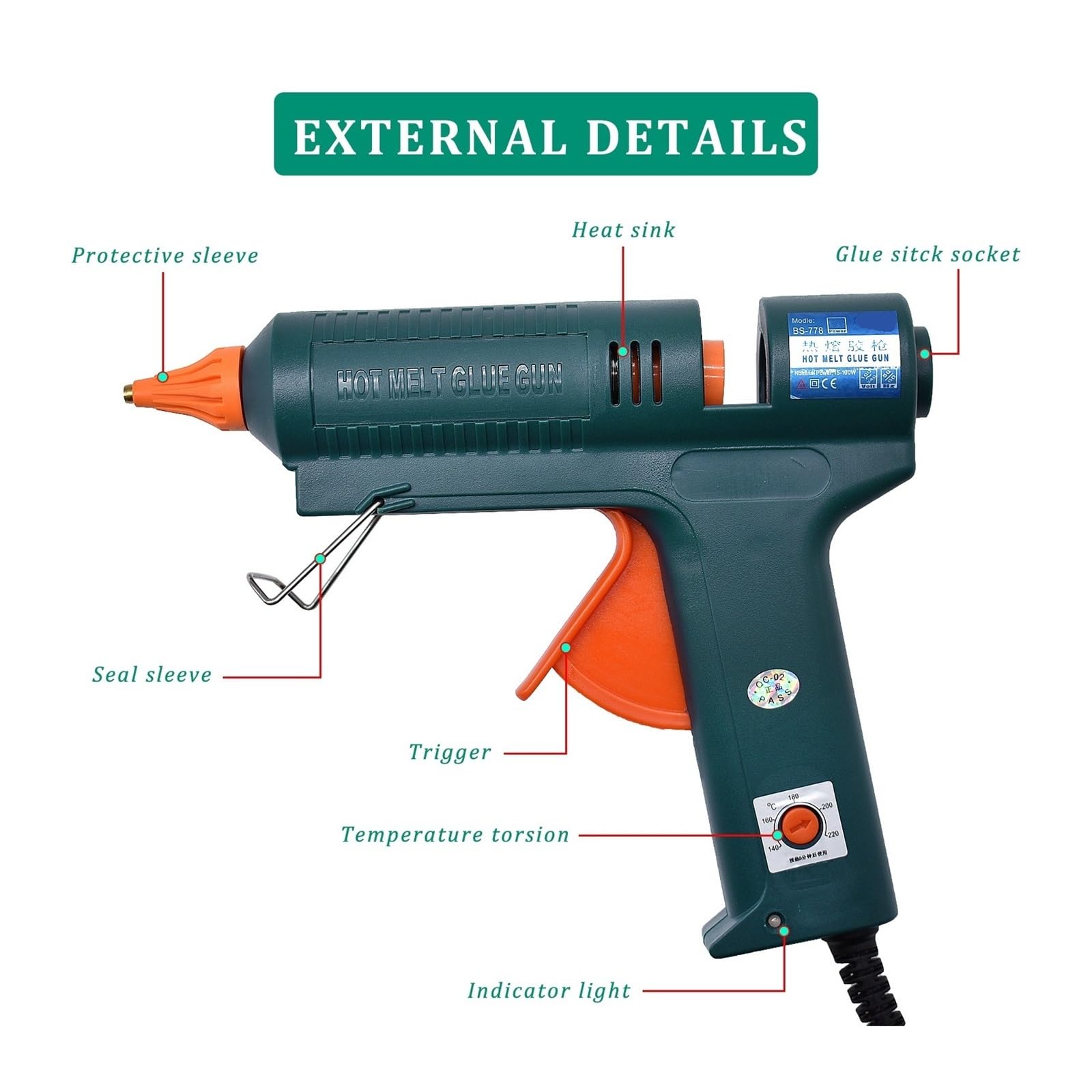RUHEN Pistolet do klejenia na gorąco 150 W, regulacja temperatury 140 ~ 220 stopni, wymienna dysza, użyj kleju 11 mm do narzędzi naprawczych, DIY, do projektów rzemieślniczych DIY i szybkich napraw w