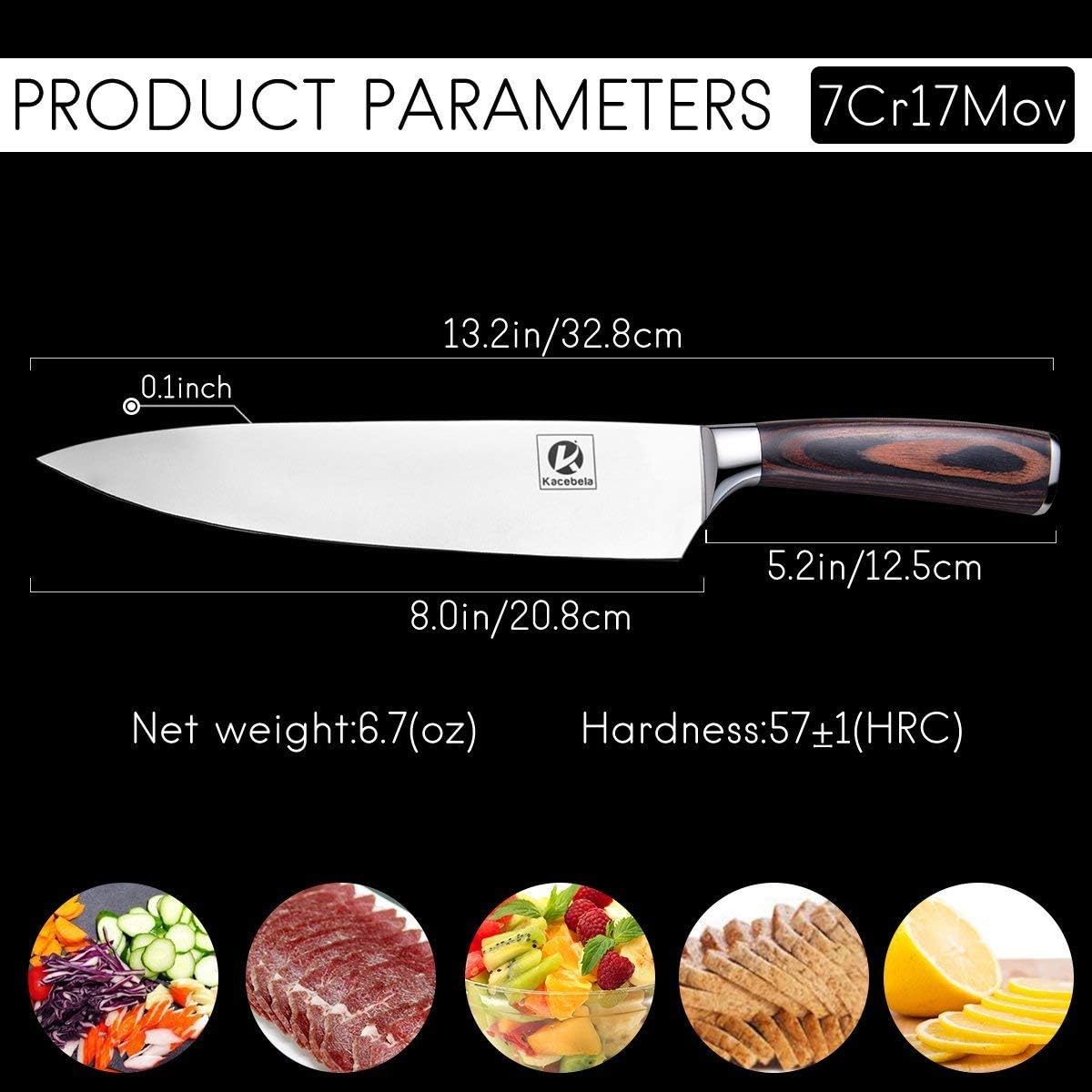 Kacebela Kitchen Chef knife, 8 Inch Chefs Knife with Sharp Edge Ergonomic Handle, High Carbon Stainless Steel Knife for Home Kitchen & Restaurant