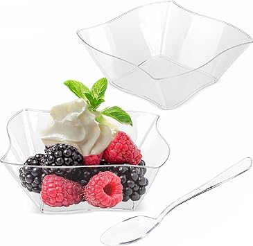 TOFLEN 50ct 5 oz Small Plastic Dessert Cups with Spoons, Clear Appetizer Cups for Parties Mini Serving Bowls, Hors Doeuvres Plates