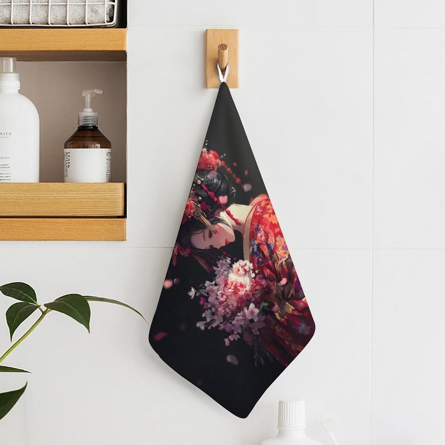 Beautiful Japanese Geisha Microfiber Hand Towels for Bathroom Soft Absorbent Bath Kitchen Towel with Hanging Loop 4PCS
