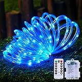 JMEXSUSS 100 LED Blue Battery Operated Rope Lights Outdoor Waterproof, 33ft 8 Modes Battery Christmas Light, Battery Powered String Lights with Remote for Trampoline Camping Canopy Tent Pool Decor