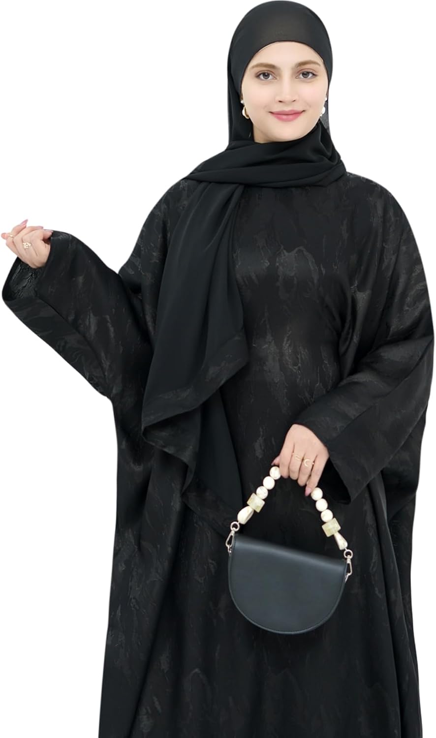 khalat Abaya Muslim Dress Women Satin Jacquard Prayer Dress Batwing Long Sleeve Islamic Dubai Robe with Chiffon Hijab