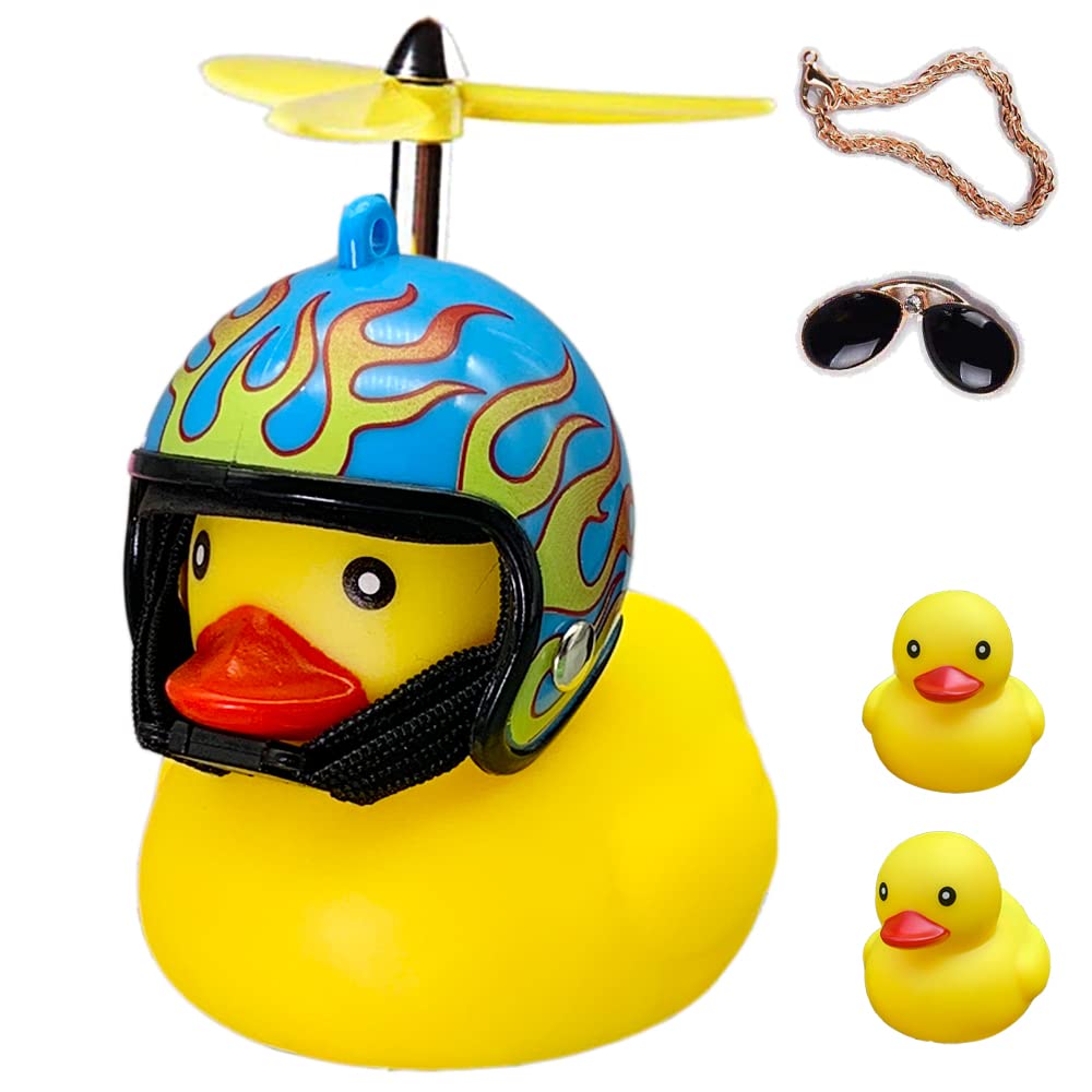 ACEDOAMARE Duck Bike Bell, Cute Rubber Yellow Duck Bicycle Accessories with LED Light Propeller Helmet Squeeze Horns for Cycling Motorcycle Car Handlebar Bicycle (Blue Fire) โ image 1