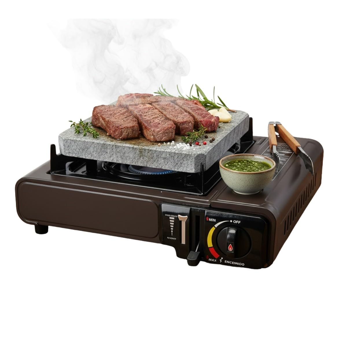 Cocina Portátil a Gas con Piedra Volcánica 20x20 cm – Pack Completo con 2 Cartuchos Incluidos – Carne a la Piedra Profesional para Restaurante y Hogar – Cocina de Sobremesa