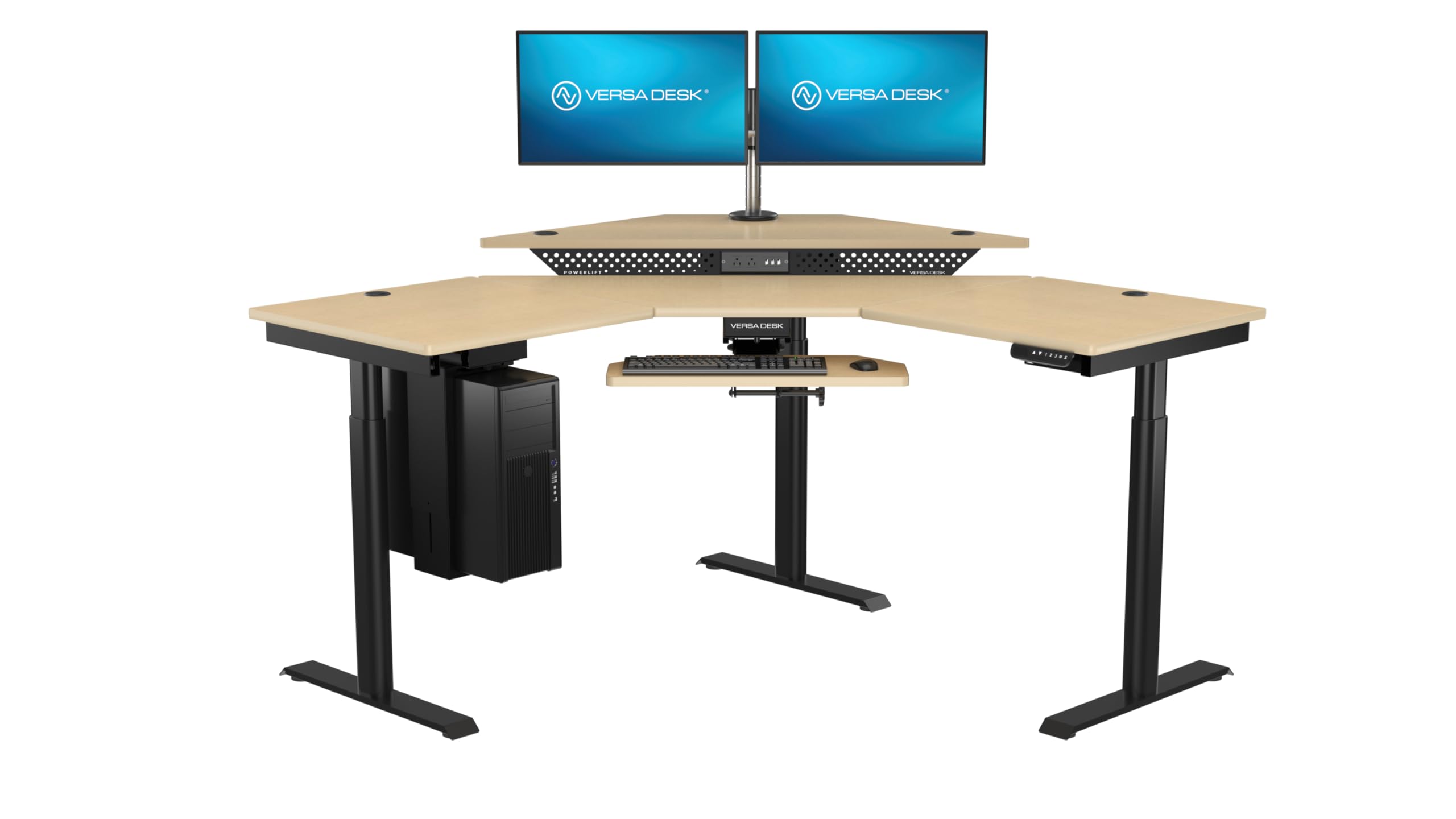 VERSADESK 60" x 60" Electric L-Shaped Corner Standing Desk, Commercial Grade Height Adjustable Sit Stand Workstation, Ergonomic Computer Desk for Home Office, Black Frame, Maple Surface