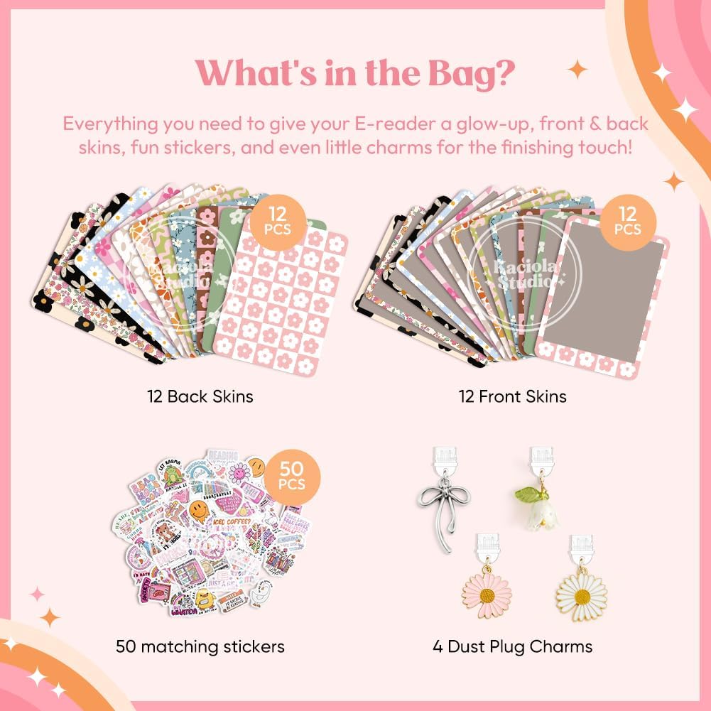 KACIOLA STUDIO 24PCS Simple Flower Skin Set for E-Reader, and 4PCS Type C Charms/50PCS Scrapbook Stickers for Clear Case, 6.9"x4.8" E-Reader Skin Front and Back Decal for Paper White 11th image 3