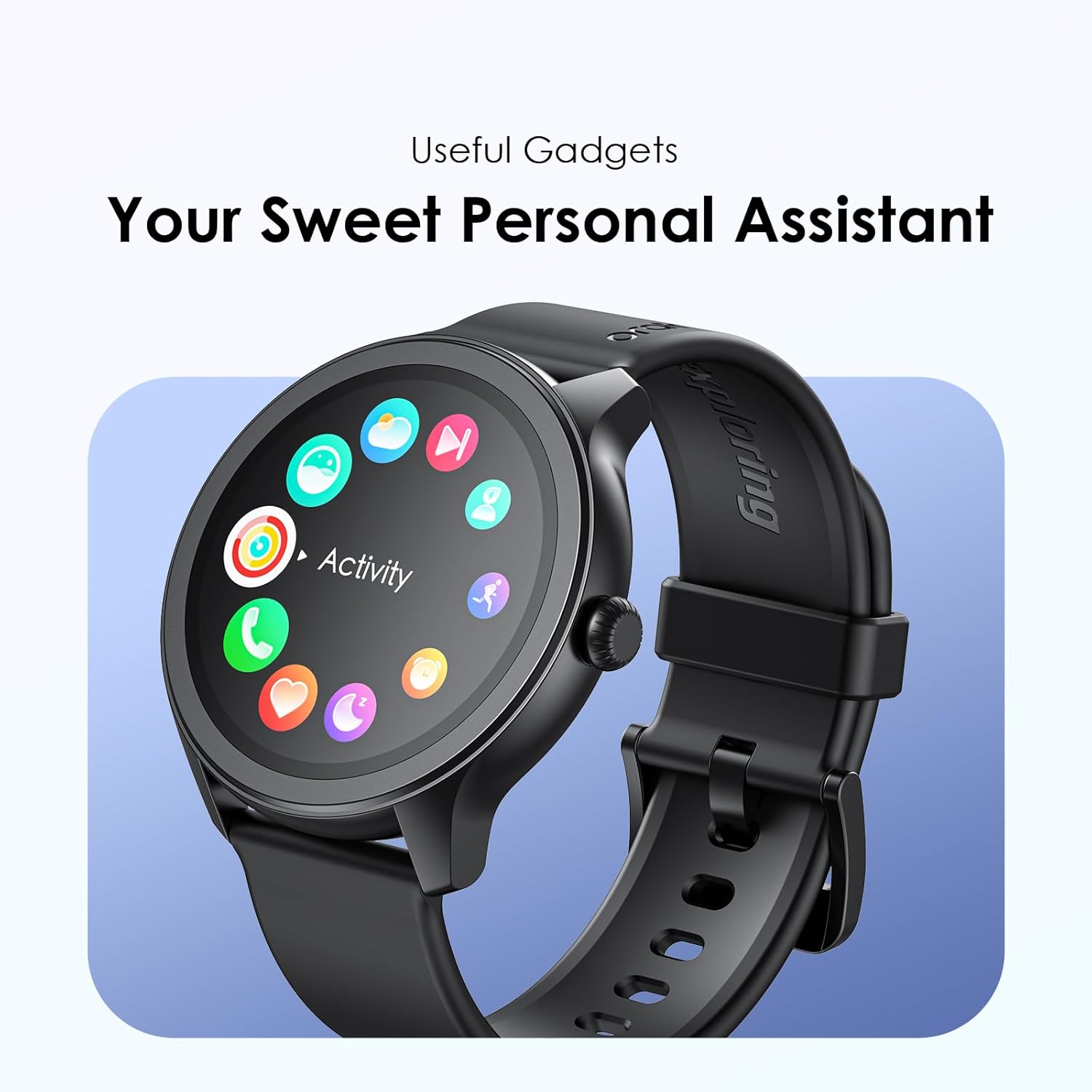 Oraimo Watch 2R Smartwatch displaying icons for 'Have a cup of water' and 'Get up and move' reminders.
