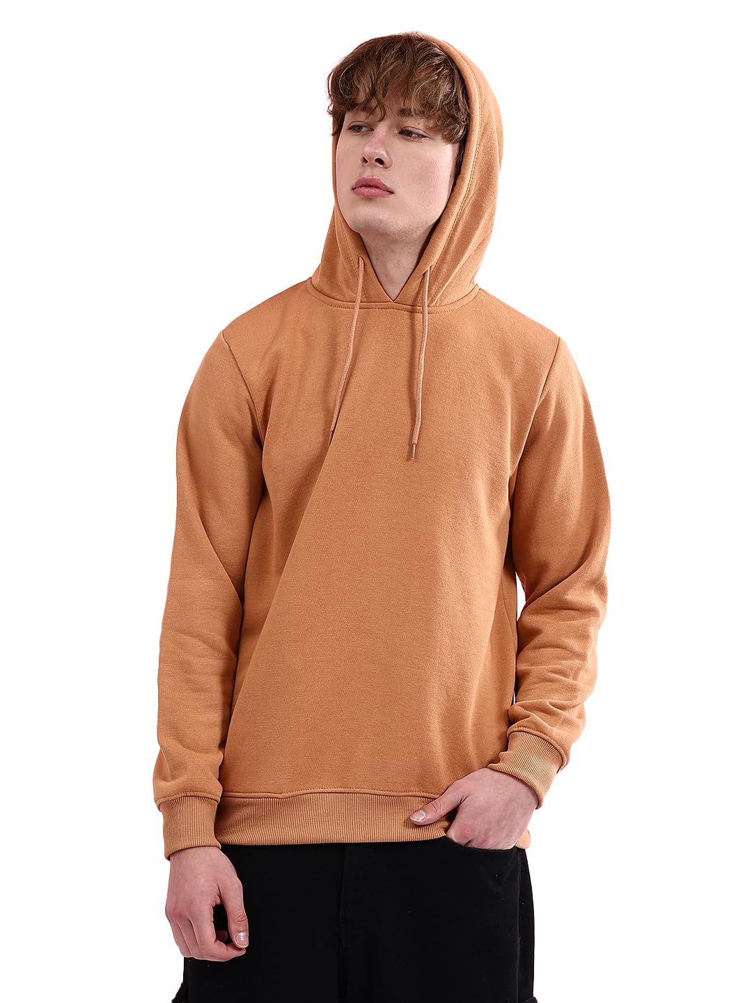 Khaki Regular Fit Solid Pullover Hooded Sweatshirt-image-9