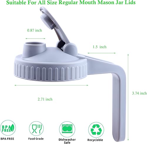 Miniatura 10 de Tarro Mason de boca regular con asa, paquete de 4 tapas de plástico reutilizables, sello hermético y a prueba de fugas, convierte tu tarro Mason en