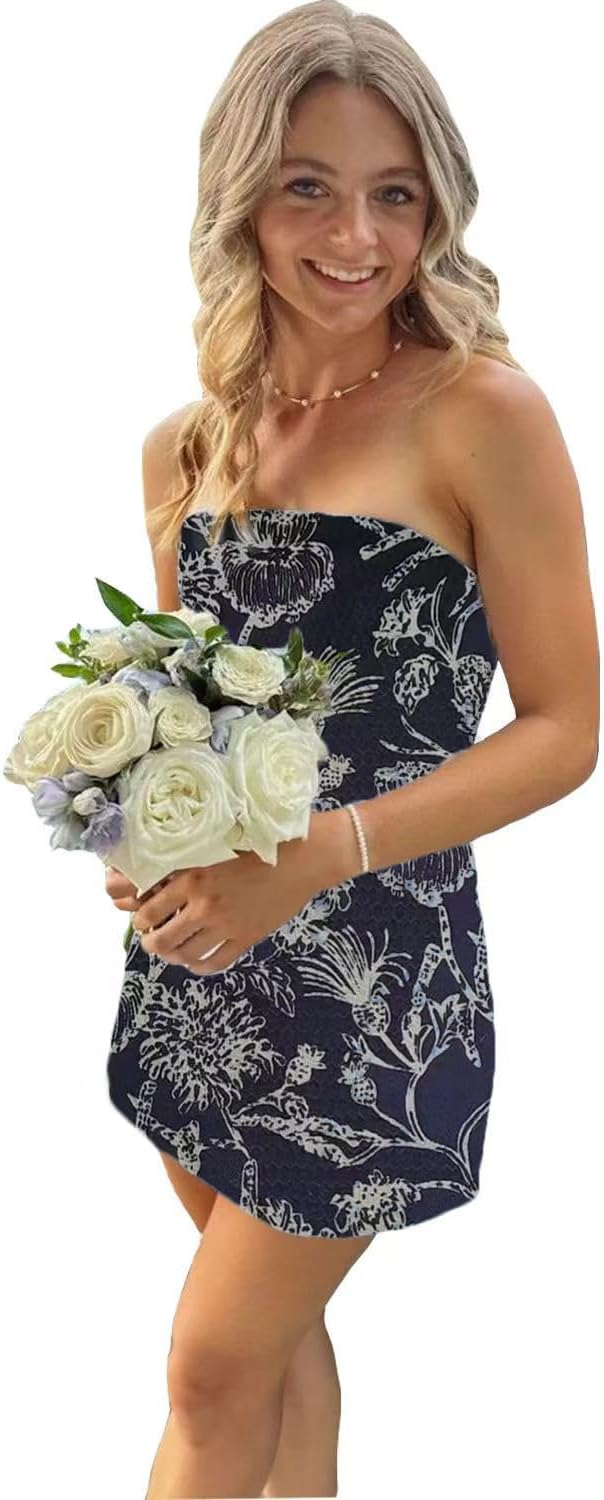 Strapless Homecoming Dresses 2025 Floral Print Formal Dress Short Satin Tight Prom Cocktail Party Gowns for Teens