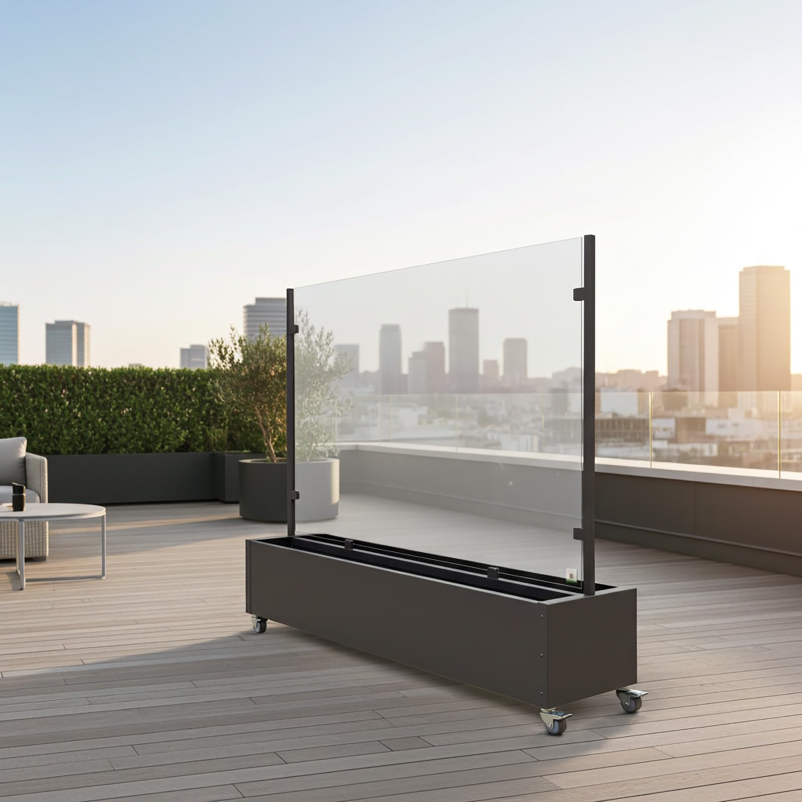 Windschutz mit Pflanzkasten 196cm mobil mit 4 Rollen – Glas Sichtschutz Terrasse Balkon Garten – Aluminium anthrazit – Rollen mit Feststeller – wetterfest & UV-beständig – moderner Raumteiler Outdoor