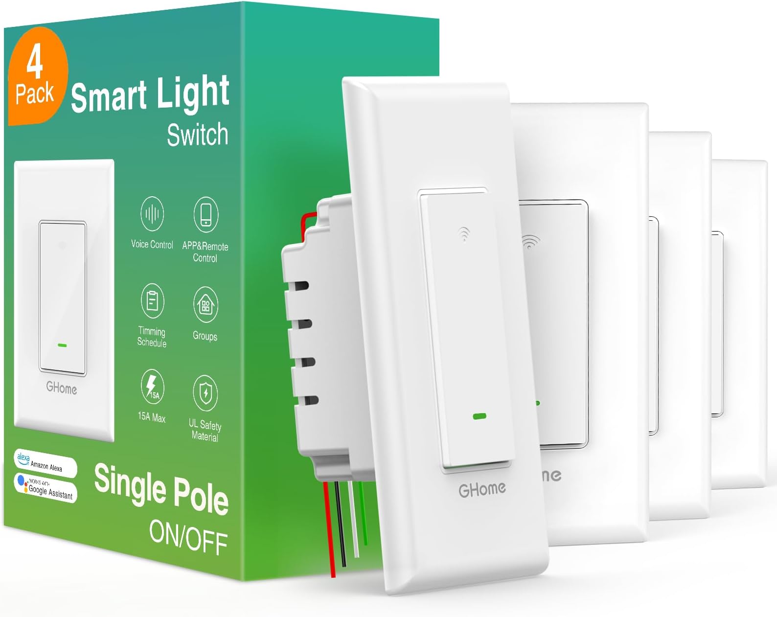 Smart Switch, Smart Wi-Fi Light Switch for Lights Work with Alexa and Google Home 2.4Ghz, Single-Pole, Neutral Wire Required, UL Certified, Voice Control (4 Pack)