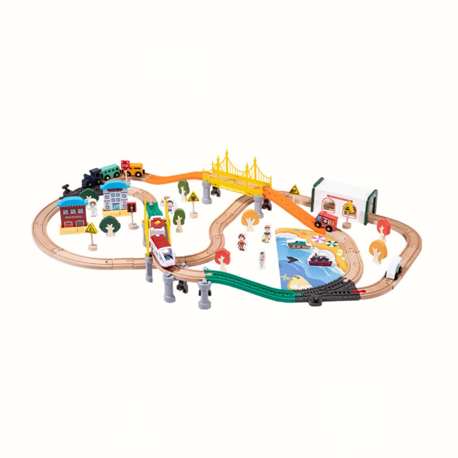 Children Electric Train Set Trenino Elettrico Giocattolo Pista Legno Plastica Set Binari Ponti Edifici Segnali Alberi Città Giocattolo Educativo