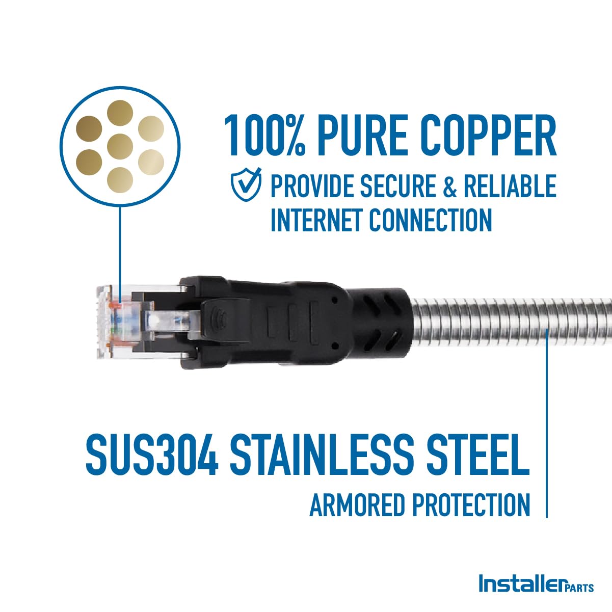 InstallerParts Câble de raccordement blindé en acier inoxydable Cat.6A 24 AWG 7,8 mm de diamètre, extérieur, imperméable, résistant aux UV, durabilité améliorée, 1,5 m, 1,5 m