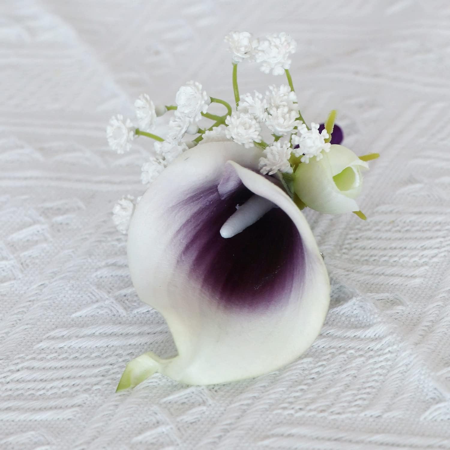 Purple Real Touch Calla Lily Baby Breath Boutonniere Pin for Prom Party Ball Ceremony Anniversary and Rustic Vintage Wedding Flower (Boutonniere)