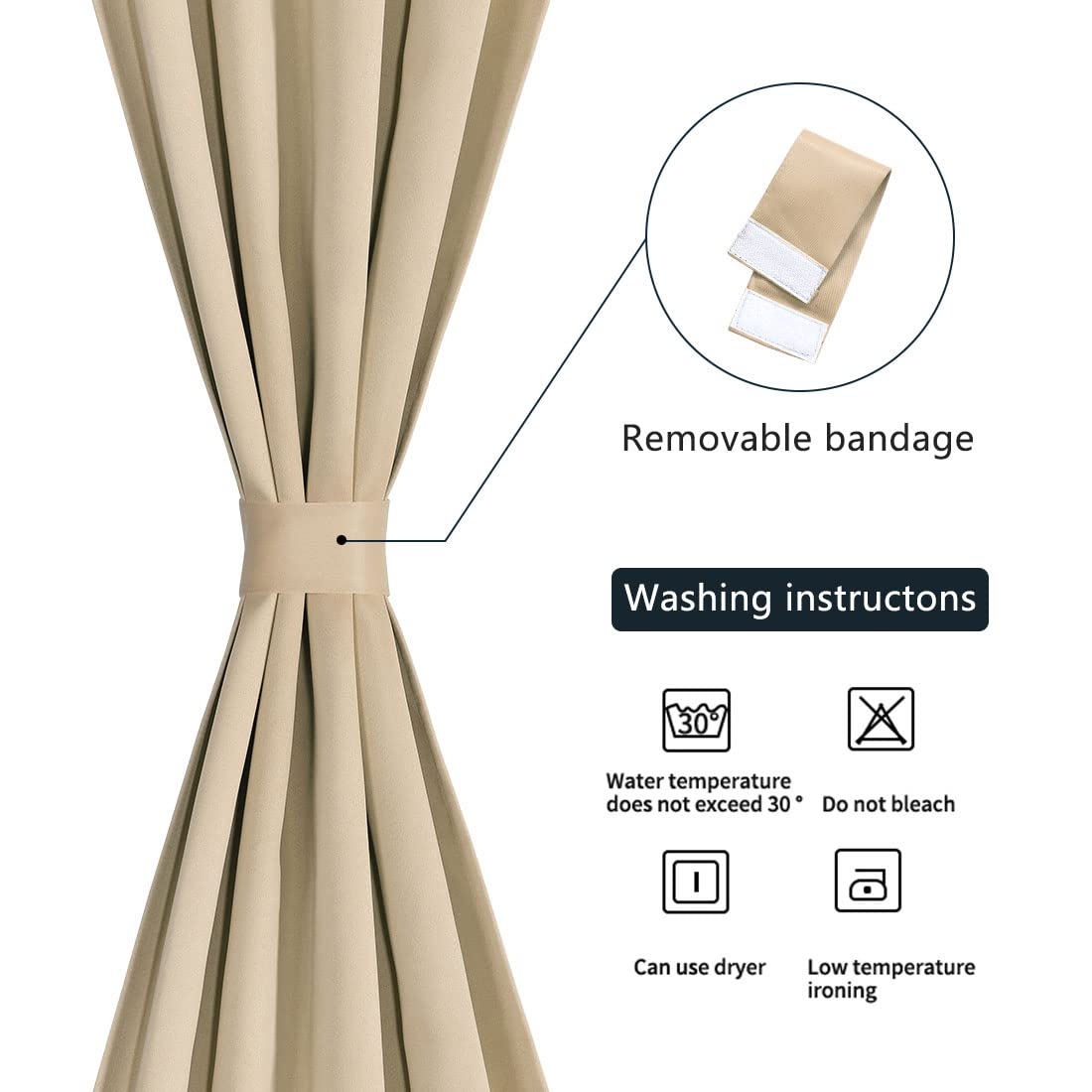 PiccoCasa Blackout French Door Curtain Panel - Blackout Door Curtain 25x40 Inches Solid Drapery with Tiebacks - 1 Panel,Khaki - Image 3