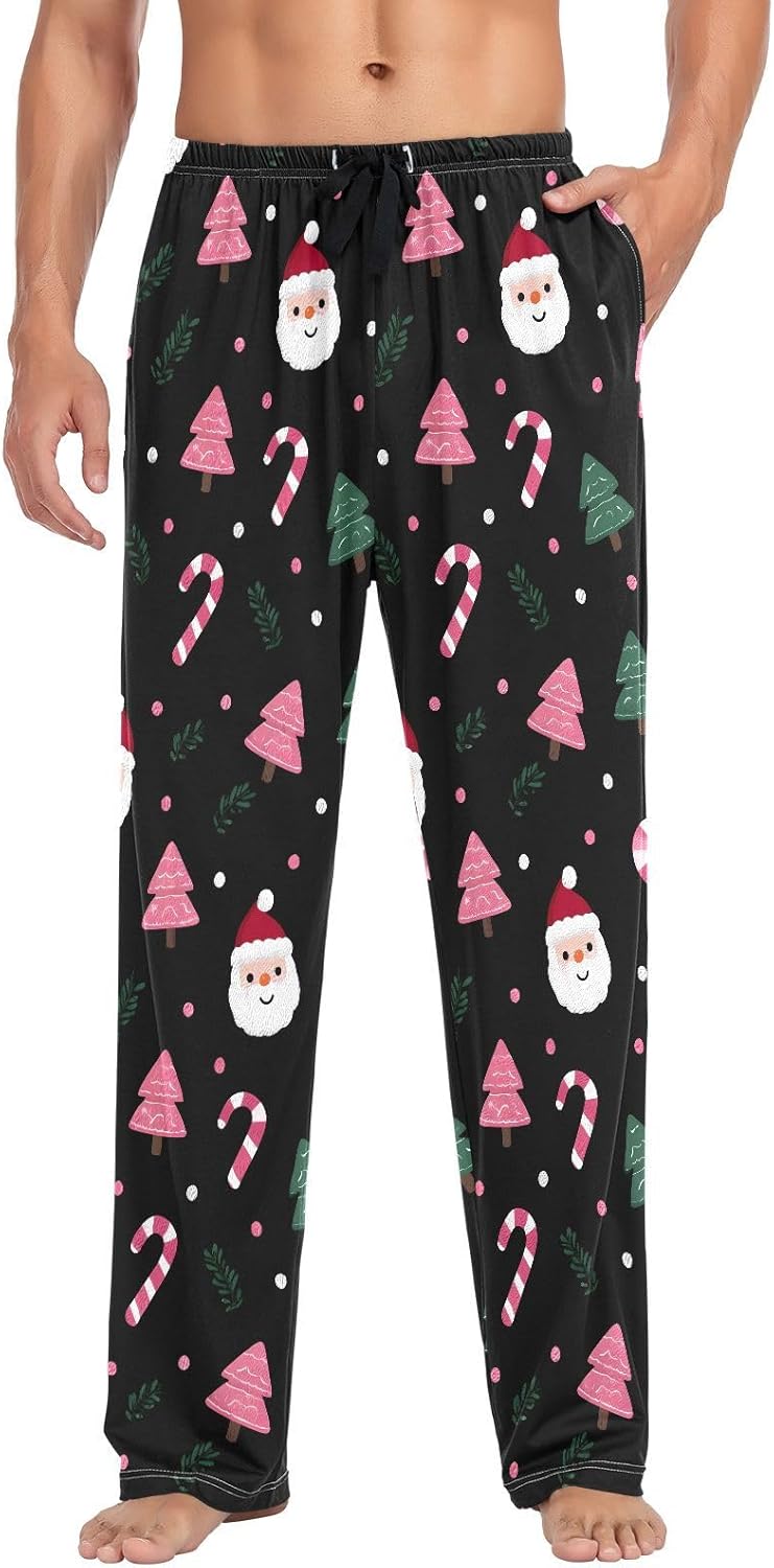 ALAZA Santa Claus Candy Christmas Men's Pajama Pants Men Cotton Pajama Bottoms with Pockets, S