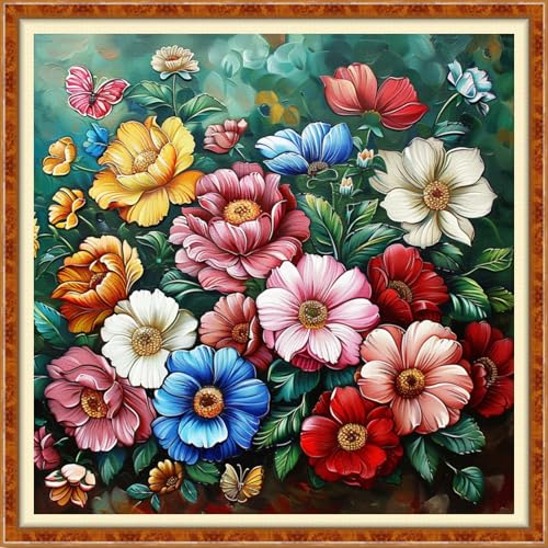 Image of Findvoor Stamped Cross Stitch Kits for Beginner Embroidery Kits for Beginners Adults DIY 11CT Cross Stitch Patterns Needlepoint Kits Crossstitching Kits-Rainbow-Colored Flowers 18x18 inch