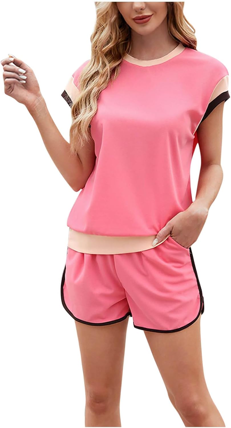 HGps8w Two Piece Shorts Set for Women Summer Sweatsuits Outfits Color Block Casual Short Sleeve Tshirt Workout Lounge Clothes