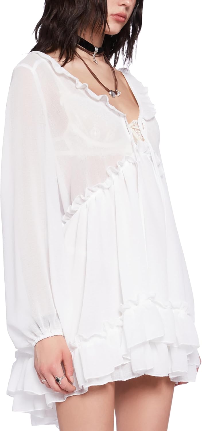 Dolls Kill Sunset Chaser Babydoll Dress by Current Mood – Women’s Sheer Chiffon Ruffle Long Sleeve Mini Dress