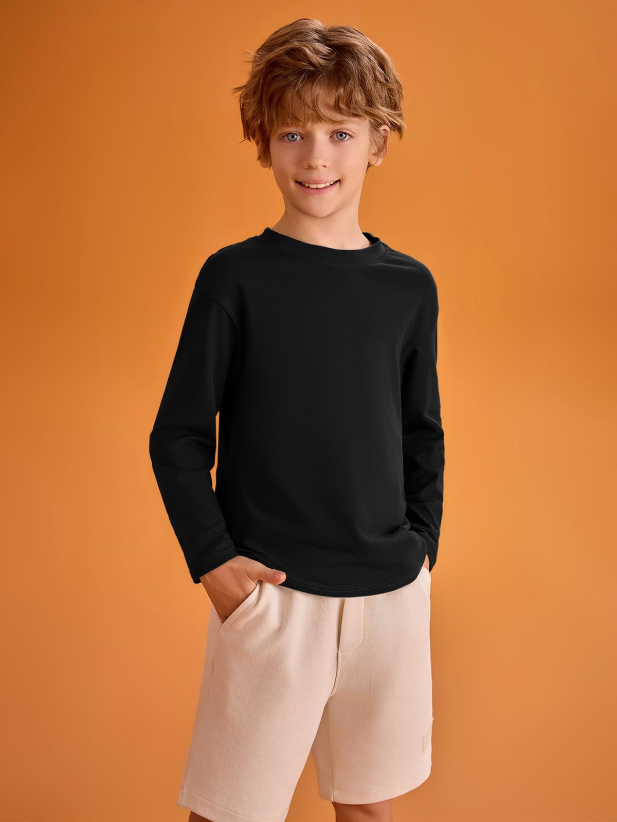 T-shirt à manches longues pour garçon col rond couleur unie basique