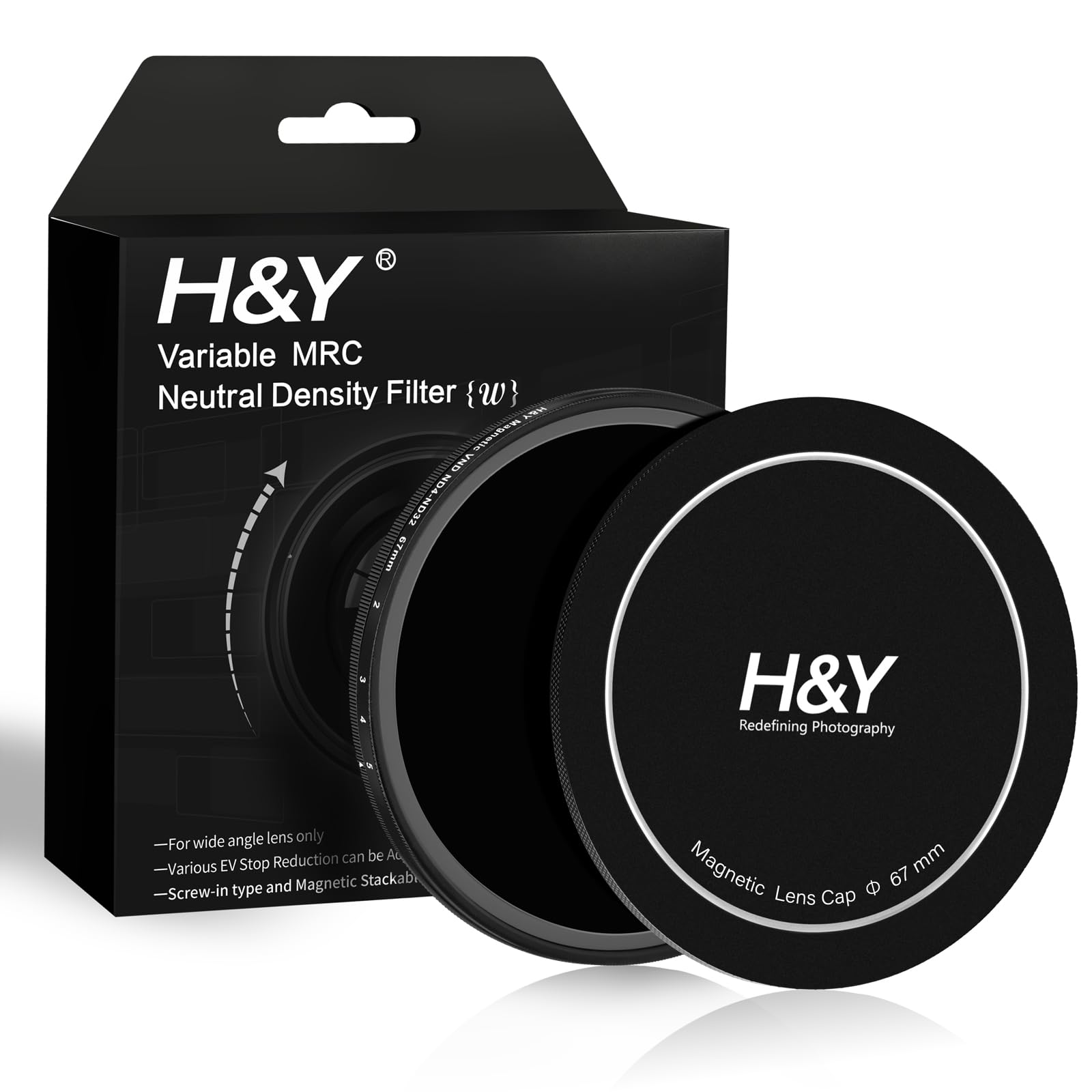 H&Y Filtro ND variable ND4-ND32 (2-5 paradas), VND atornillado de 67 mm, filtro de densidad neutra con vidrio óptico multicapa MRC, tapa magnética y diseño apilable