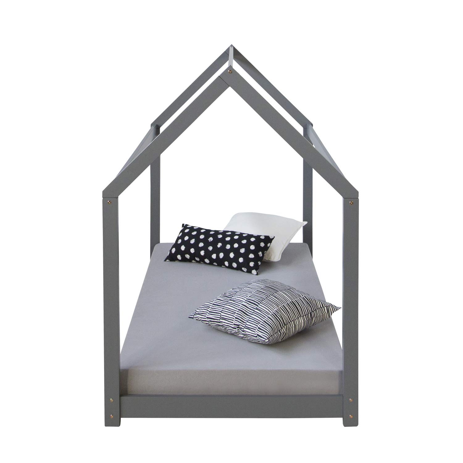 Homestyle4u 1970 Hausbett 160x80 cm Kinderbett mit Lattenrost Grau | Montessori Bodenbett Kiefer Massivholz, skandinavisches Design Kinderhausbett für Jungen und Mädchen, 80x160 cm