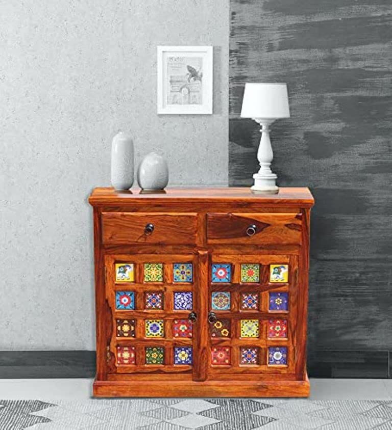 Solid Sheesham Wood Two Drawer & Two Door with Two Shelves Sideboard Cabinet in Natural Honey Oak Finished-image-48