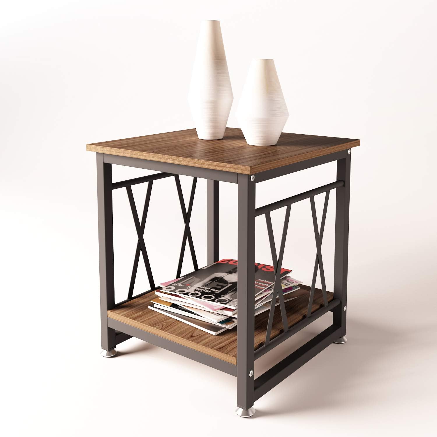 Promo 40% OFF End Table 17.7 Inch,Nightstand with Wood Look Modern Metal Frame,Side Tables with Additional Bottom Shelf to Hold Storage Baskets,Picture,Magazines,Lamp Decor in Living Room Bedroom