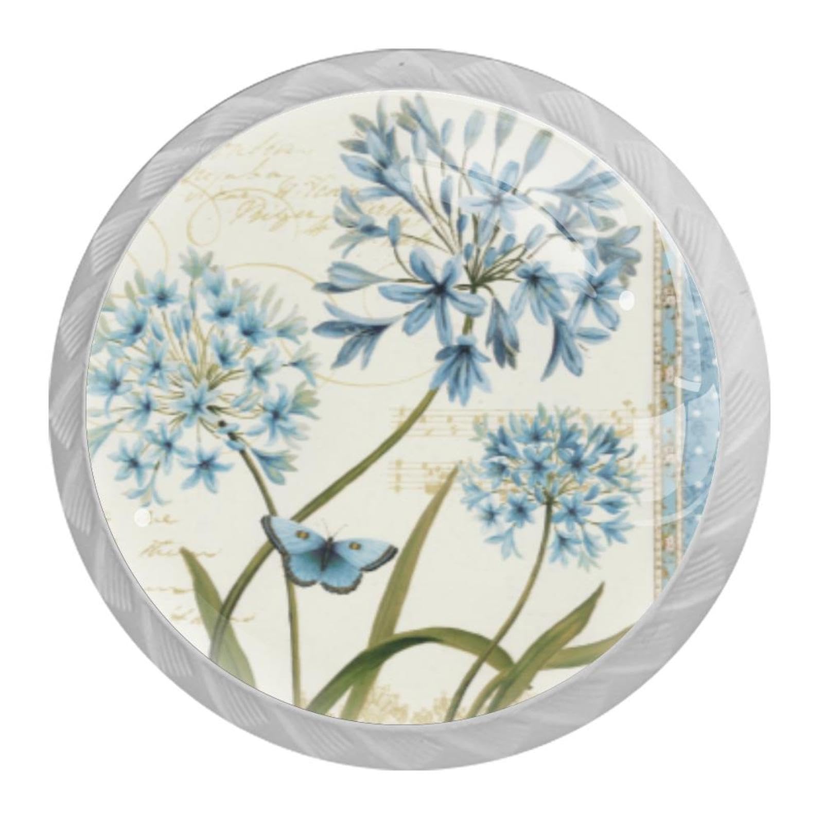 Tqmspg 4 Pieces Drawer Pulls Dragonfly and Blue Flowers Door Knobs Dresser Handles for Kitchen Wardrobe Cupboard Hardware Furniture