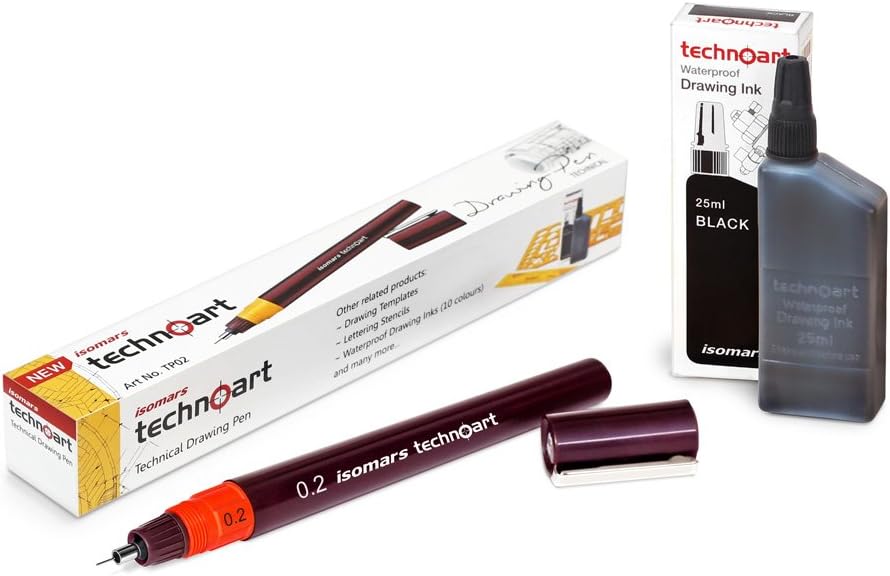 Isomars Fineliner Technical Drawing Pen 0.2&Ink Combo Set,Black