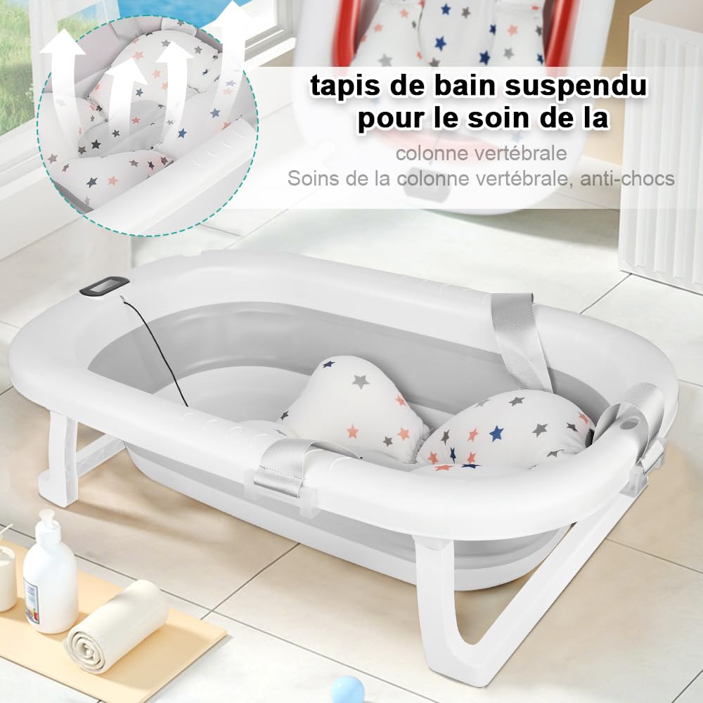 Vasca da bagno per neonati con tappetino da bagno e termometro, vasca da doccia portatile antiscivolo, vasca da bagno pieghevole per neonati bambini, 80 x 50 x 23 cm (grigio)
