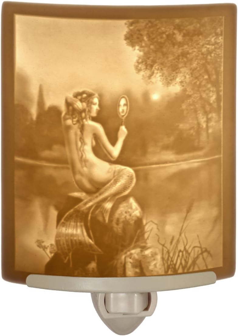 Mermaid Night Light, Etched Porcelain Lithophane Mermaid & Mirror, Art by David Delamare, Decorative Wall Plug in
